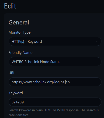 Settings in Uptime Kuma for checking a keyword