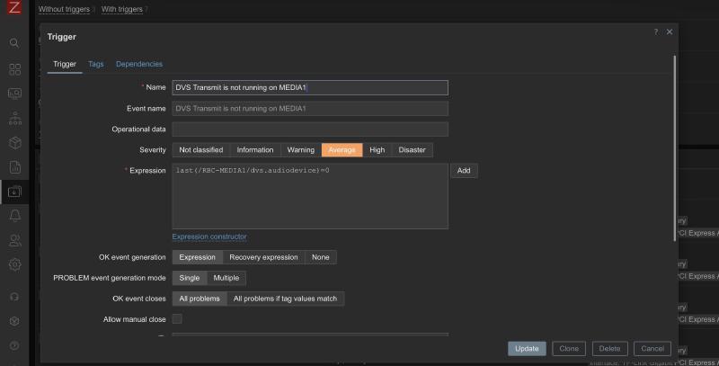 Zabbix trigger configuration screen
